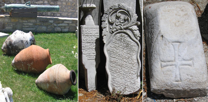 Oil jars; Ottoman tombstones; 3) Byzantine capital