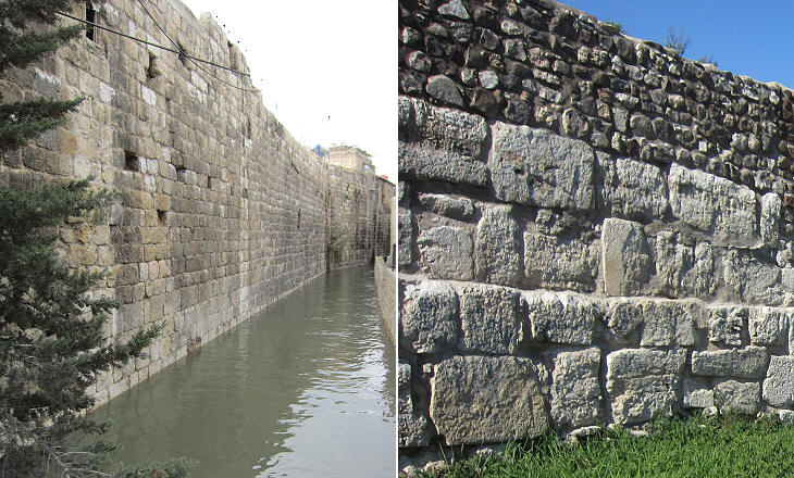 (left) Walls along the Barada River; (right) section of the southern walls showing the ancient stones