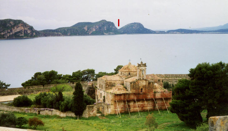 The bay of Navarino: the red line marks the northern entrance