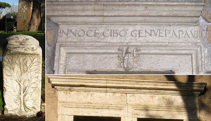 (left) Ancient fragment and behind it the Malta Cross on the former stables; (right) inscriptions celebrating Pope Innocent VIII (above) and Pope Julius II (below - misspelled)
