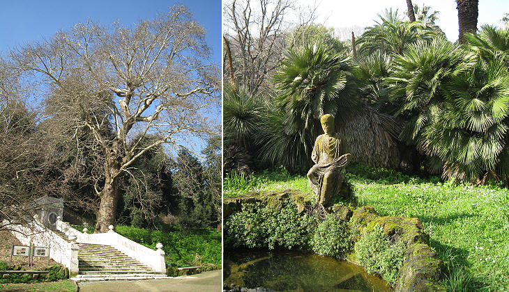 (left) Steps designed by Ferdinando Fuga; (right) a small fountain with an ancient statue